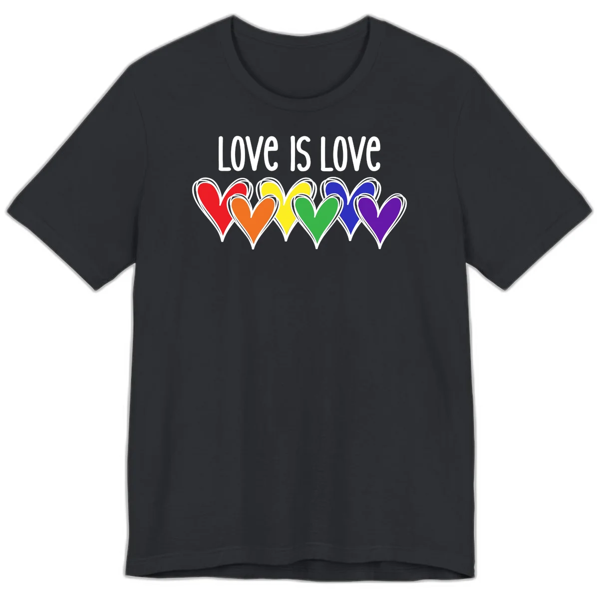 Love is love pride design with six colorful rainbow hearts in red, orange, yellow, green, blue, and purple on gray background in Vintage Black