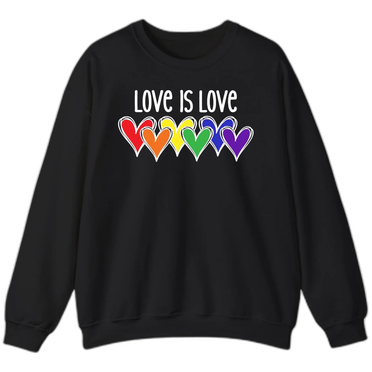 Love is love pride design with six colorful rainbow hearts in red, orange, yellow, green, blue, and purple on gray background in Black
