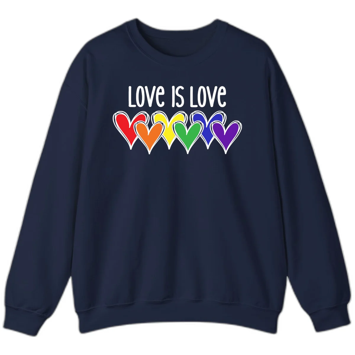 Love is love pride design with six colorful rainbow hearts in red, orange, yellow, green, blue, and purple on gray background in Navy