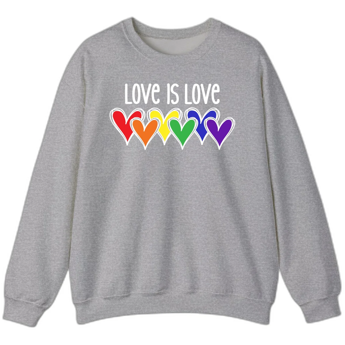 Love is love pride design with six colorful rainbow hearts in red, orange, yellow, green, blue, and purple on gray background in Sport Grey