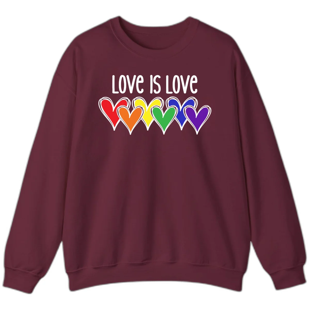 Love is love pride design with six colorful rainbow hearts in red, orange, yellow, green, blue, and purple on gray background in Maroon