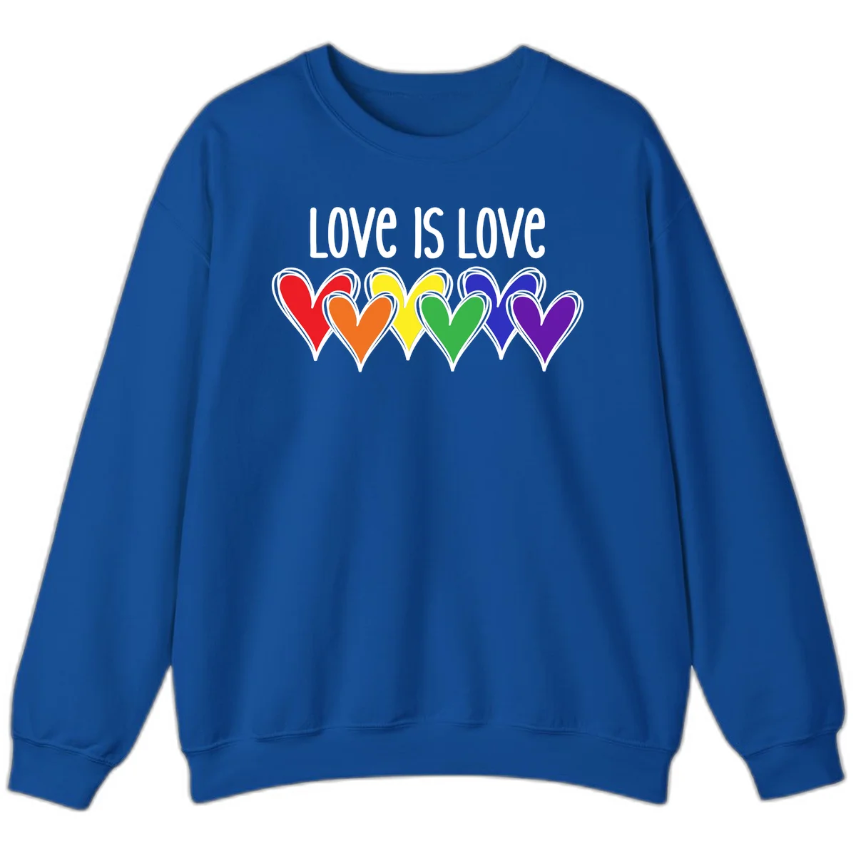 Love is love pride design with six colorful rainbow hearts in red, orange, yellow, green, blue, and purple on gray background in Royal