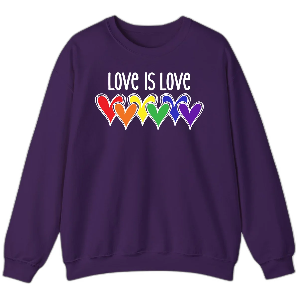 Love is love pride design with six colorful rainbow hearts in red, orange, yellow, green, blue, and purple on gray background in Purple