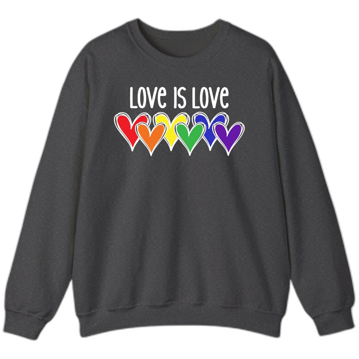 Love is love pride design with six colorful rainbow hearts in red, orange, yellow, green, blue, and purple on gray background in Dark Heather