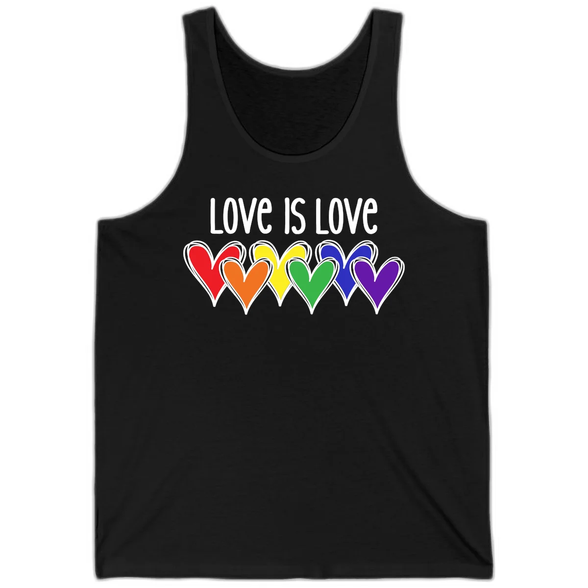 Love is love pride design with six colorful rainbow hearts in red, orange, yellow, green, blue, and purple on gray background in Black