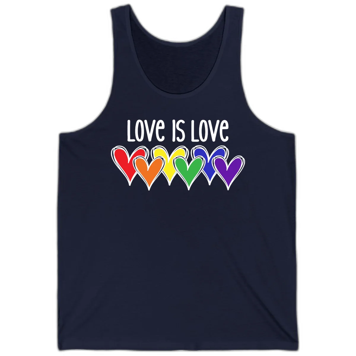 Love is love pride design with six colorful rainbow hearts in red, orange, yellow, green, blue, and purple on gray background in Navy