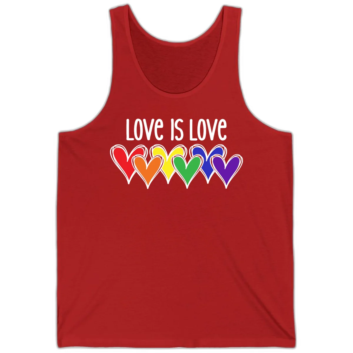 Love is love pride design with six colorful rainbow hearts in red, orange, yellow, green, blue, and purple on gray background in Red