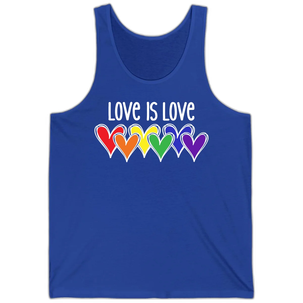 Love is love pride design with six colorful rainbow hearts in red, orange, yellow, green, blue, and purple on gray background in True Royal
