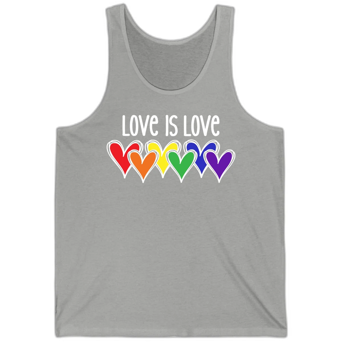 Love is love pride design with six colorful rainbow hearts in red, orange, yellow, green, blue, and purple on gray background in Athletic Heather