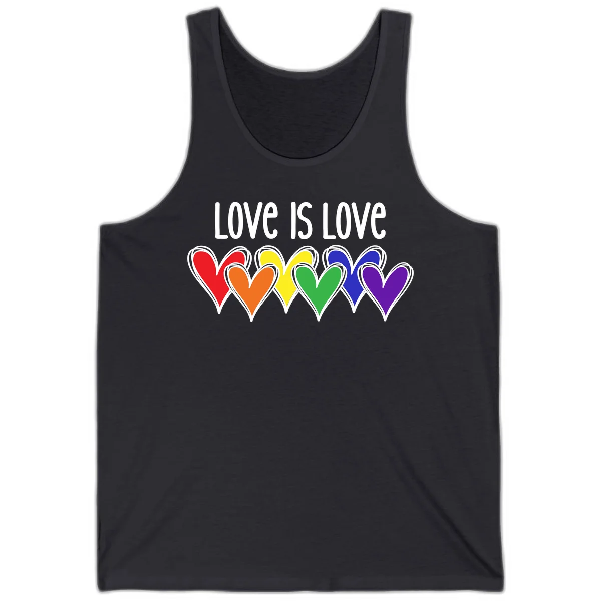 Love is love pride design with six colorful rainbow hearts in red, orange, yellow, green, blue, and purple on gray background in Dark Grey