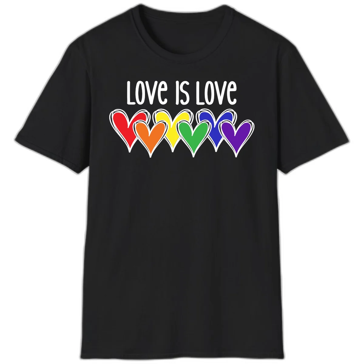 Love is love pride design with six colorful rainbow hearts in red, orange, yellow, green, blue, and purple on gray background in Black