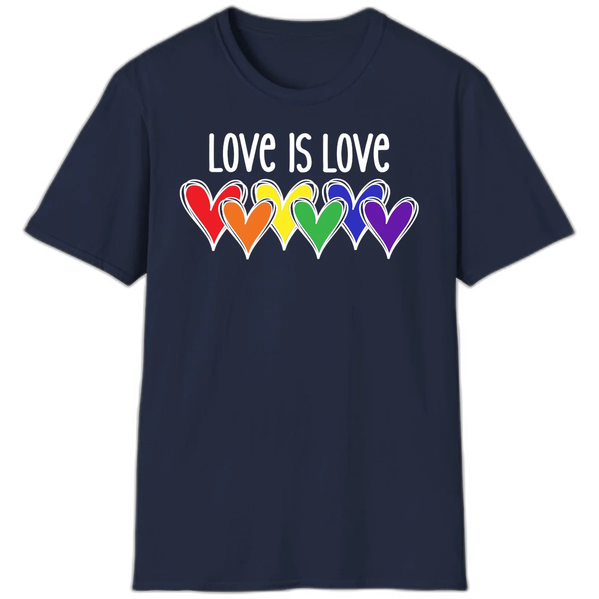 Love is love pride design with six colorful rainbow hearts in red, orange, yellow, green, blue, and purple on gray background in Navy