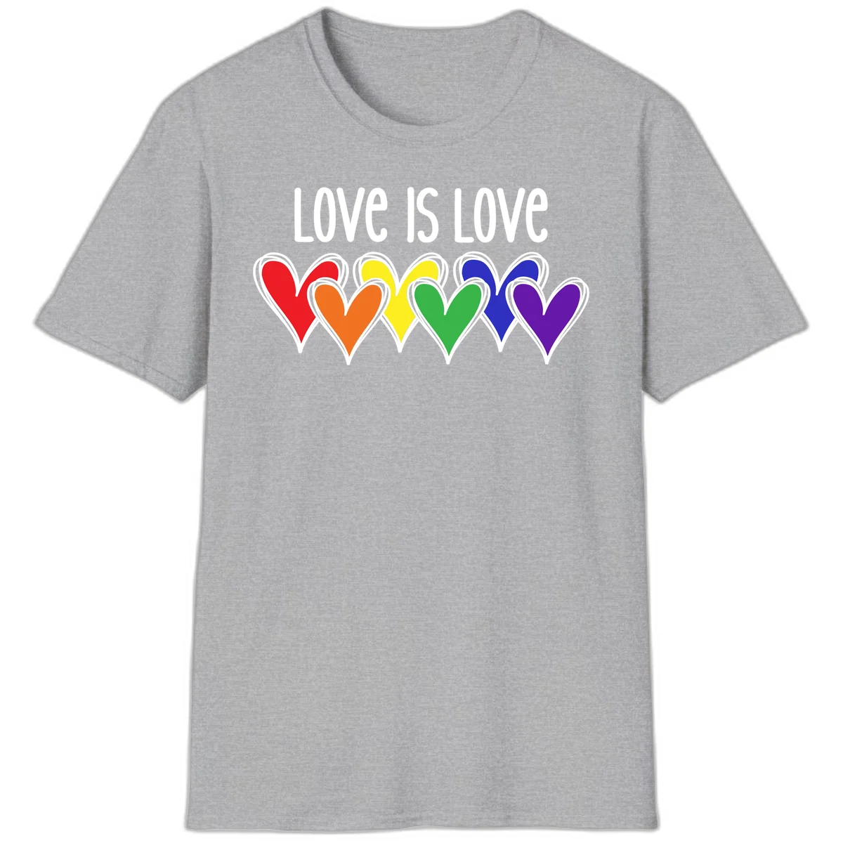 Love is love pride design with six colorful rainbow hearts in red, orange, yellow, green, blue, and purple on gray background in Sport Grey