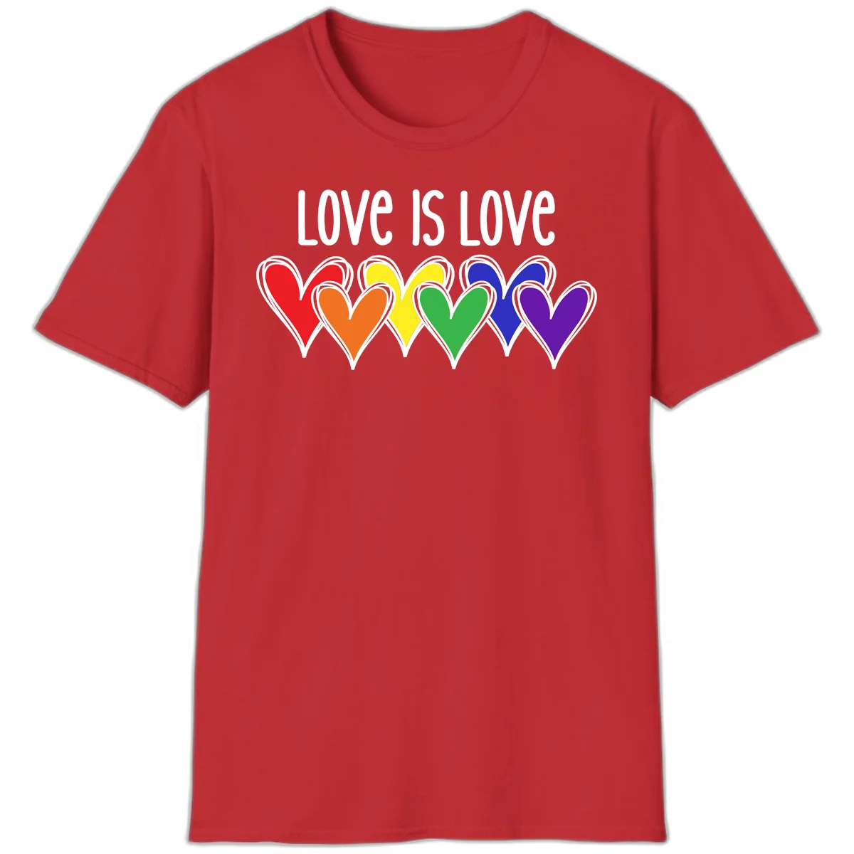 Love is love pride design with six colorful rainbow hearts in red, orange, yellow, green, blue, and purple on gray background in Red