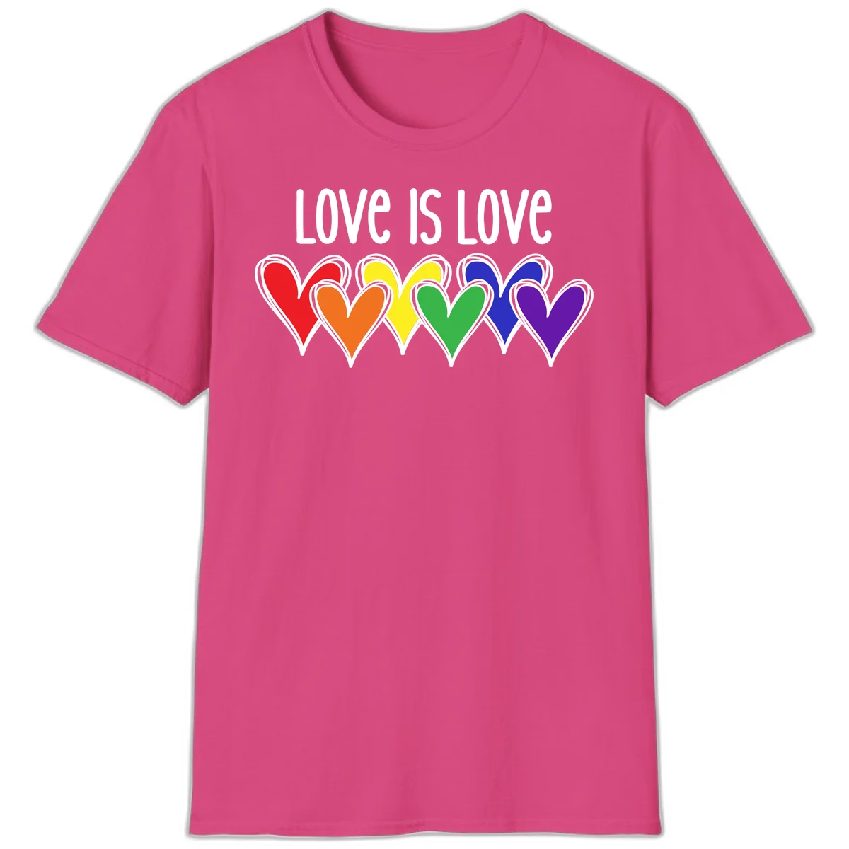 Love is love pride design with six colorful rainbow hearts in red, orange, yellow, green, blue, and purple on gray background in Heliconia
