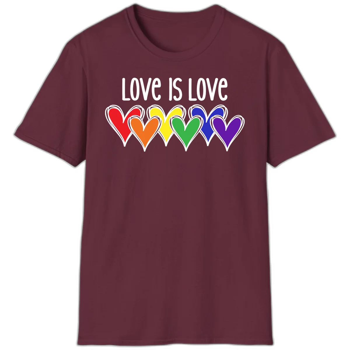 Love is love pride design with six colorful rainbow hearts in red, orange, yellow, green, blue, and purple on gray background in Maroon