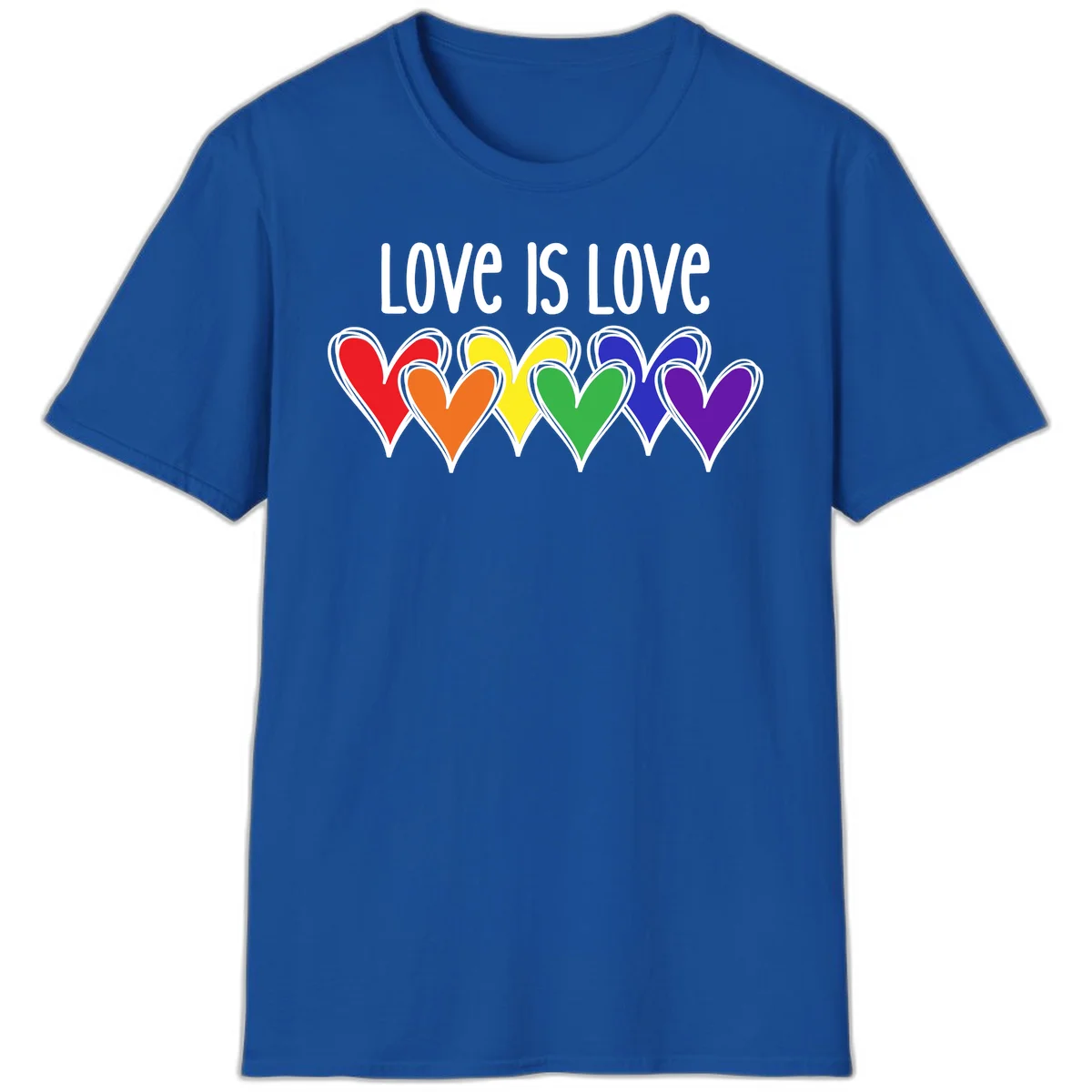 Love is love pride design with six colorful rainbow hearts in red, orange, yellow, green, blue, and purple on gray background in Royal