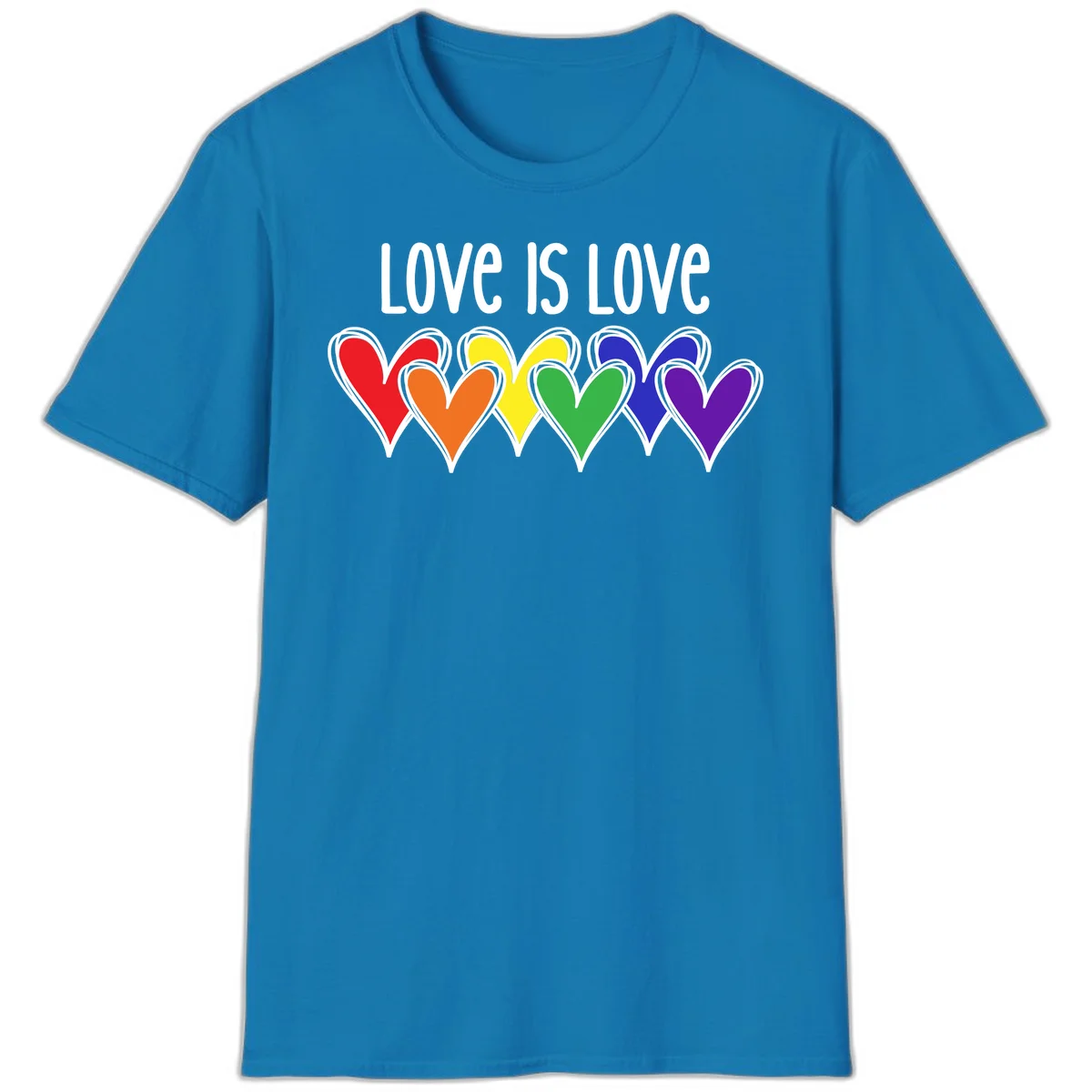 Love is love pride design with six colorful rainbow hearts in red, orange, yellow, green, blue, and purple on gray background in Sapphire