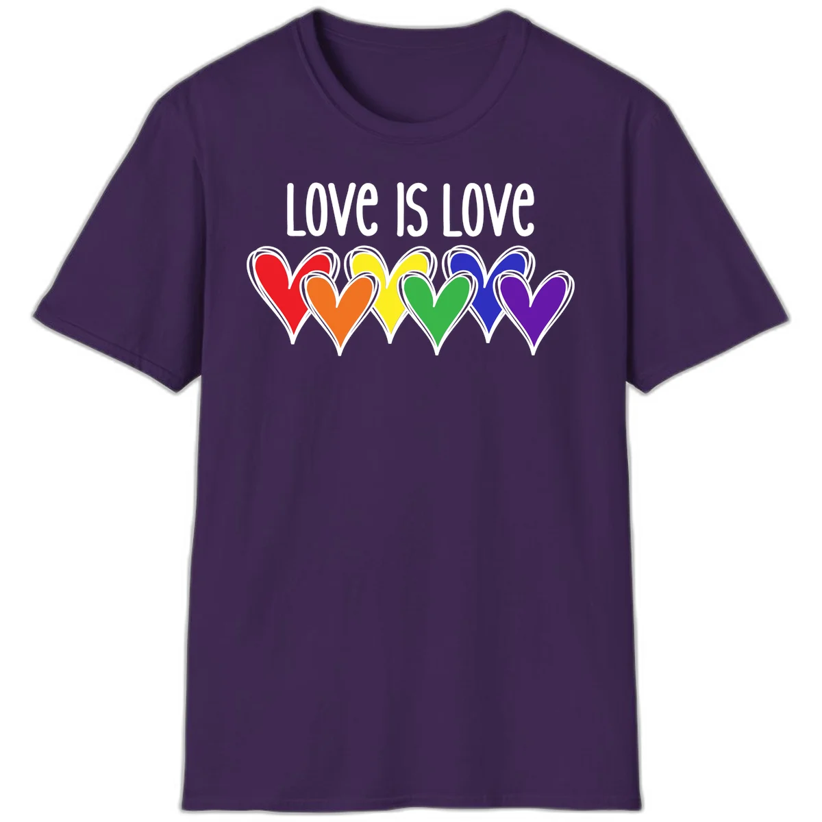 Love is love pride design with six colorful rainbow hearts in red, orange, yellow, green, blue, and purple on gray background in Purple