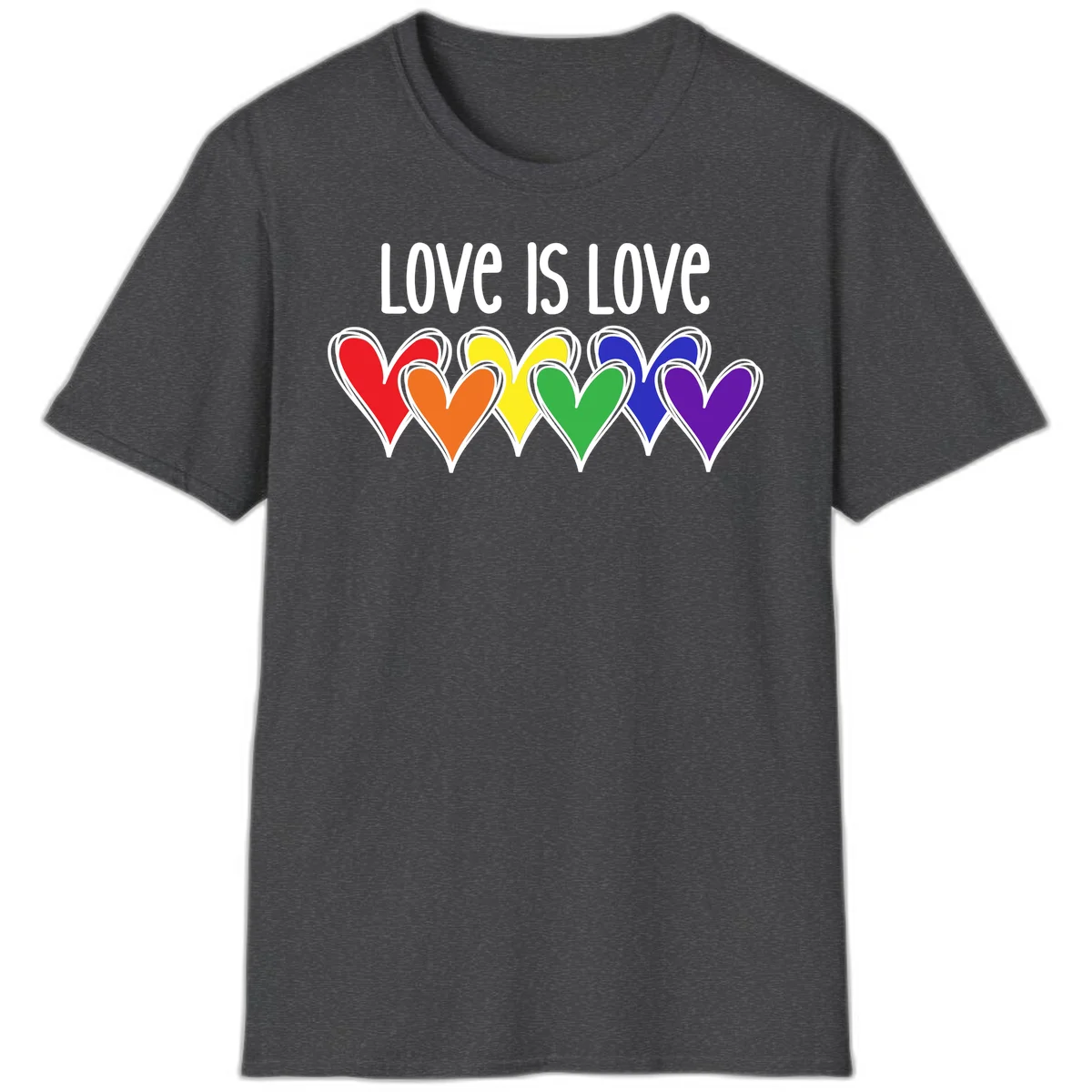 Love is love pride design with six colorful rainbow hearts in red, orange, yellow, green, blue, and purple on gray background in Dark Heather