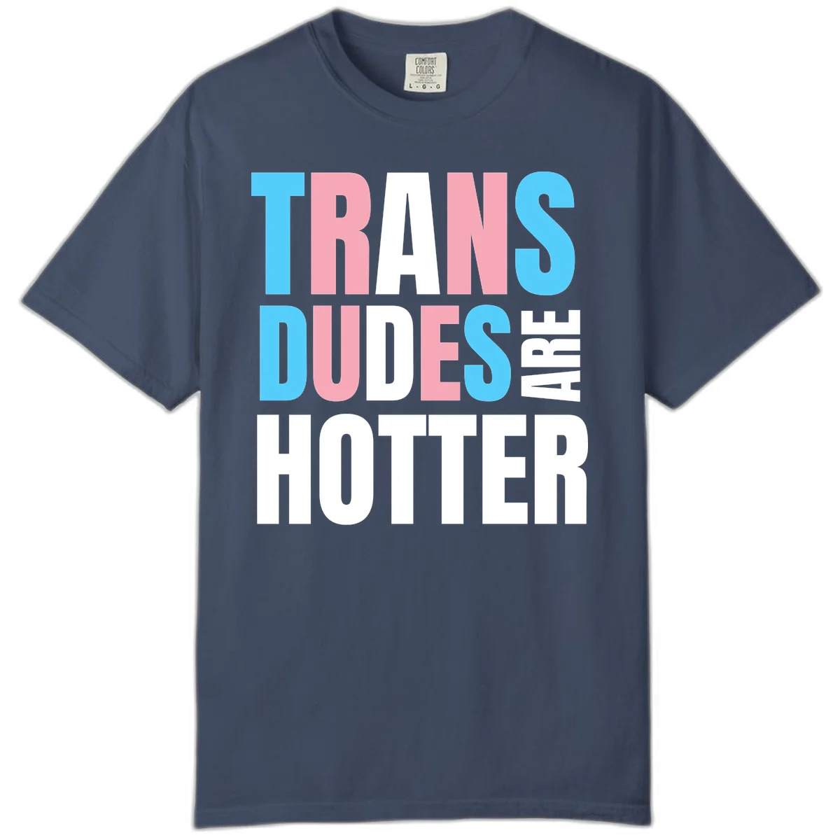Bold typography design reading 'TRANS DUDES ARE HOTTER' in cyan, pink, and white letters on gray background in Midnight