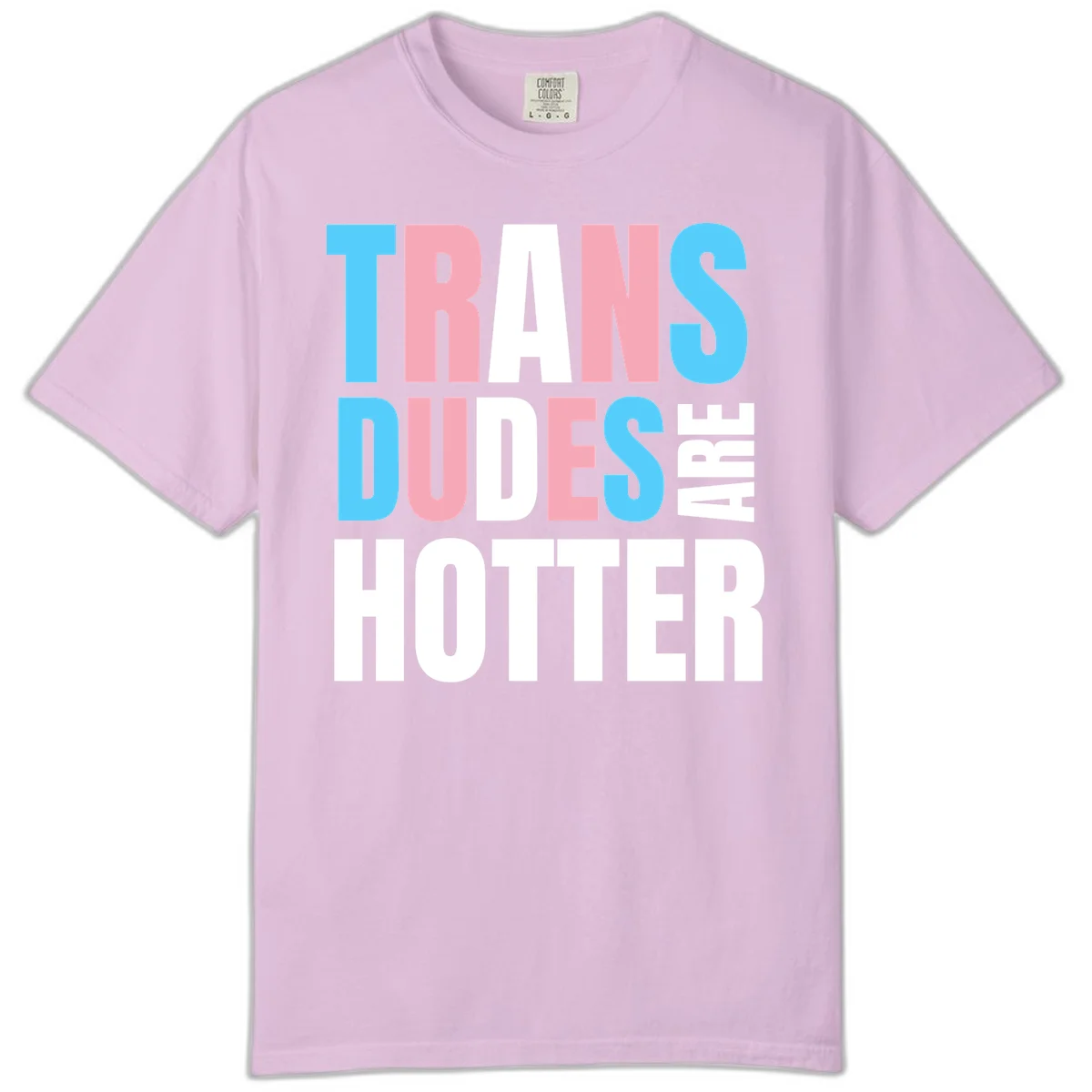 Bold typography design reading 'TRANS DUDES ARE HOTTER' in cyan, pink, and white letters on gray background in Orchid