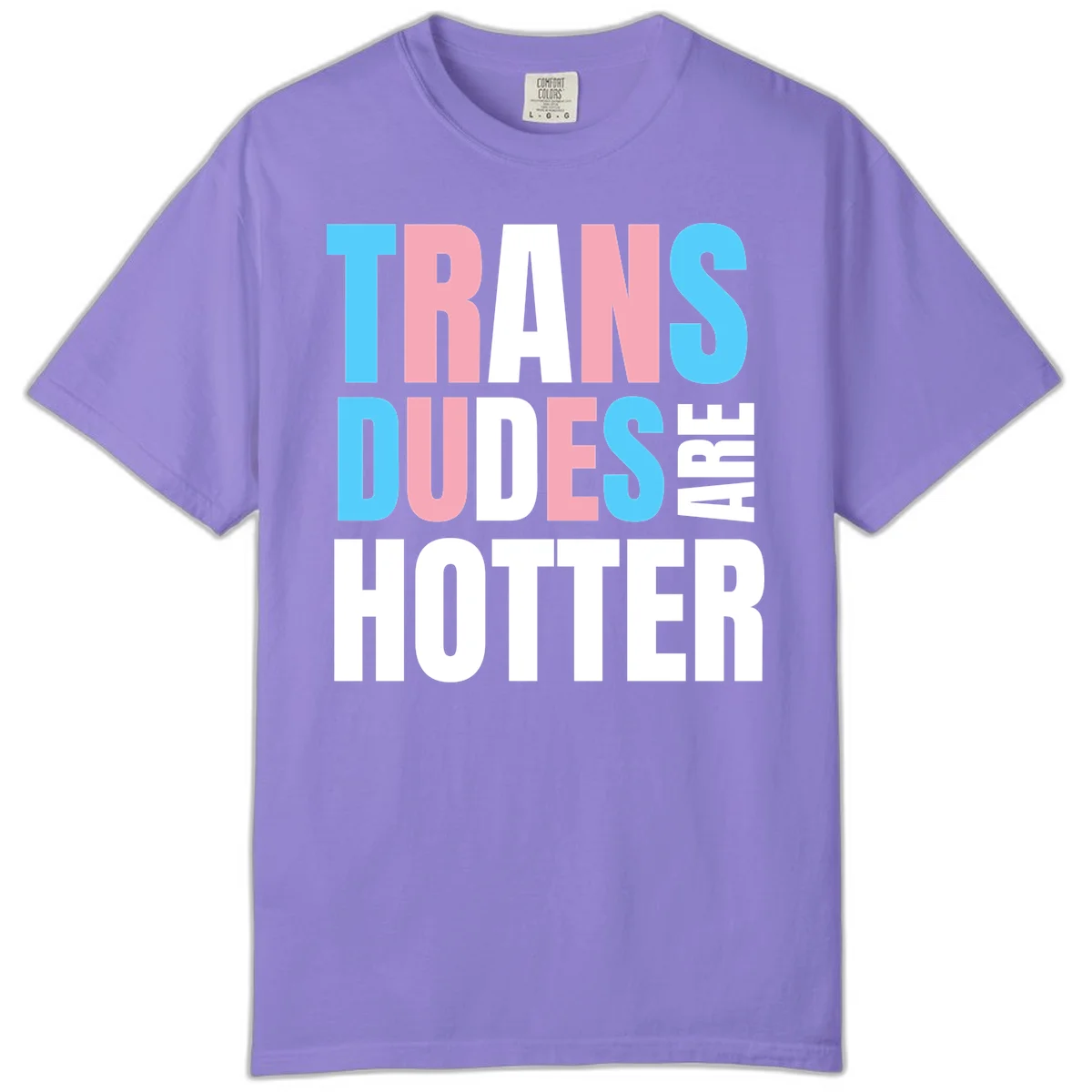 Bold typography design reading 'TRANS DUDES ARE HOTTER' in cyan, pink, and white letters on gray background in Violet