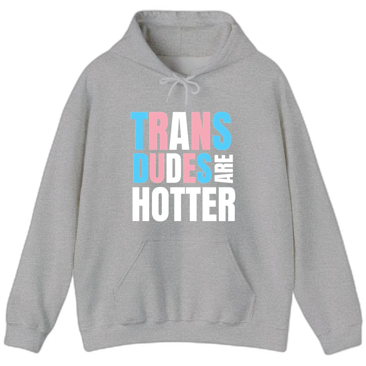 Bold typography design reading 'TRANS DUDES ARE HOTTER' in cyan, pink, and white letters on gray background in Sport Grey