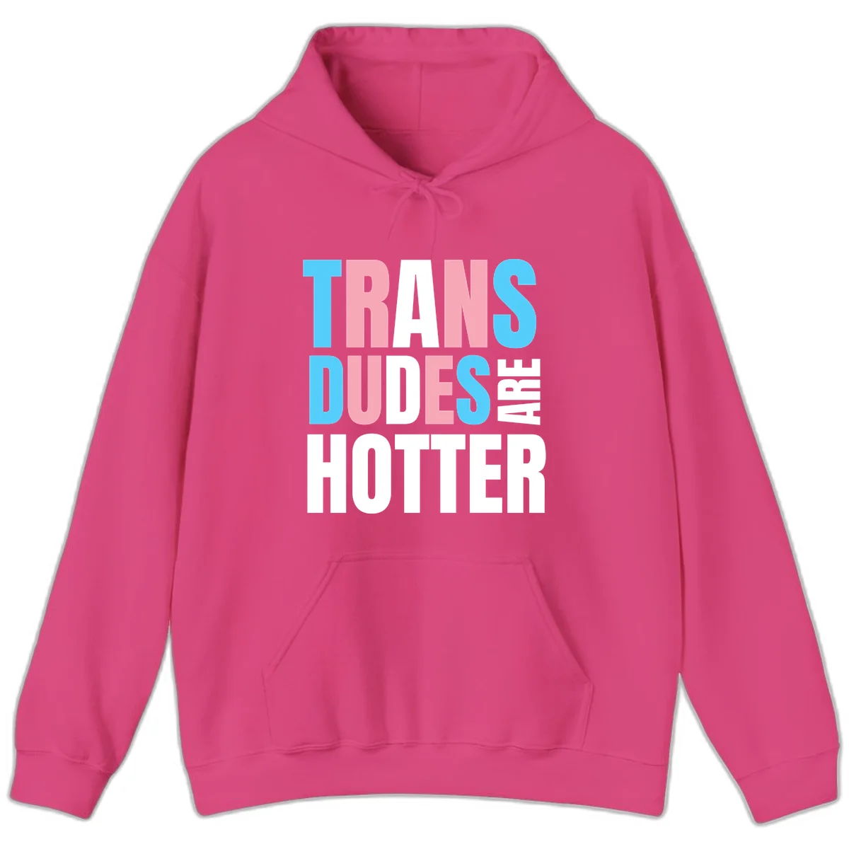 Bold typography design reading 'TRANS DUDES ARE HOTTER' in cyan, pink, and white letters on gray background in Heliconia