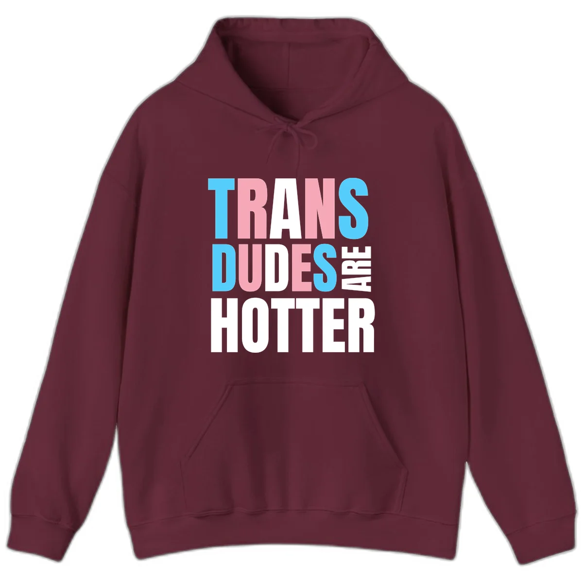 Bold typography design reading 'TRANS DUDES ARE HOTTER' in cyan, pink, and white letters on gray background in Maroon