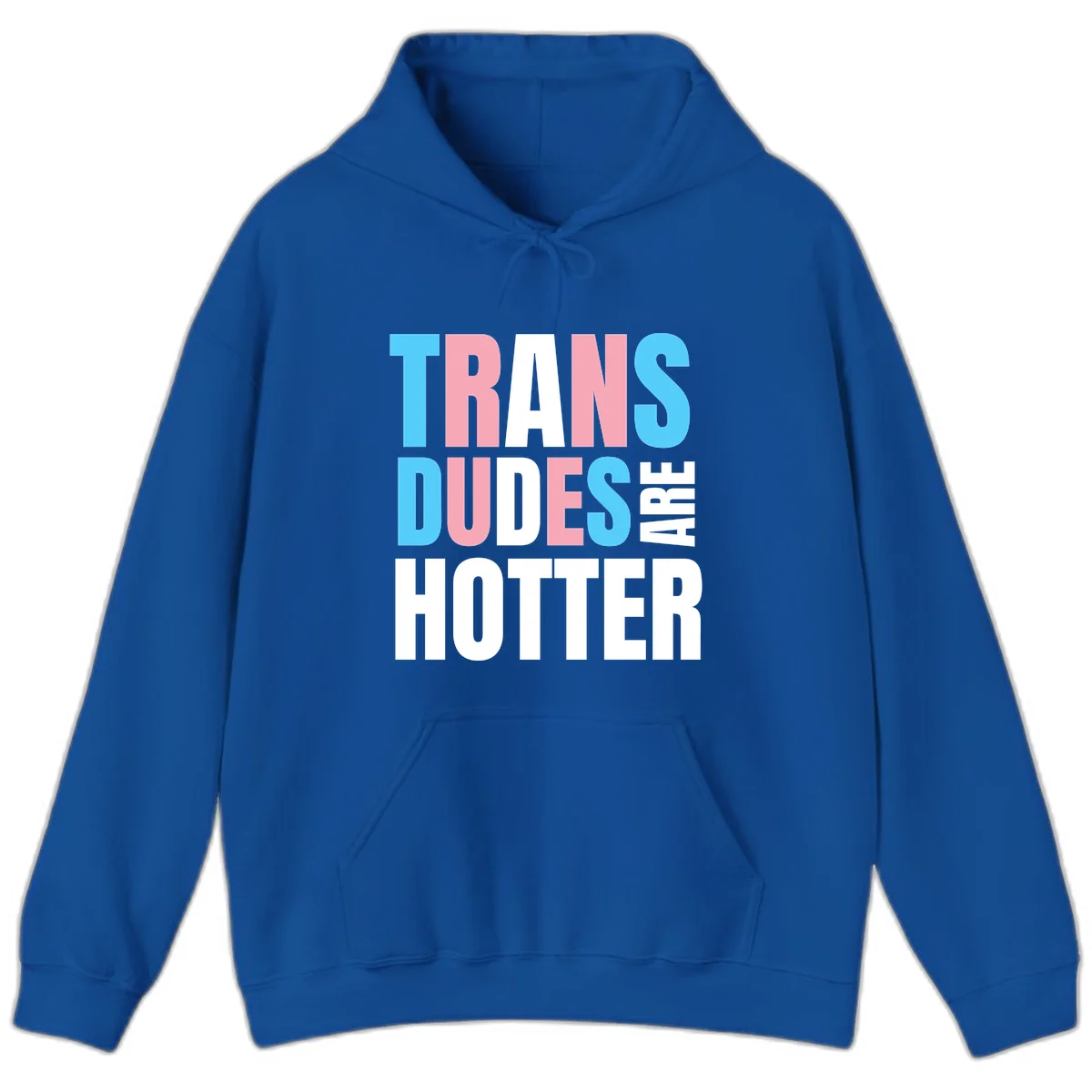 Bold typography design reading 'TRANS DUDES ARE HOTTER' in cyan, pink, and white letters on gray background in Royal