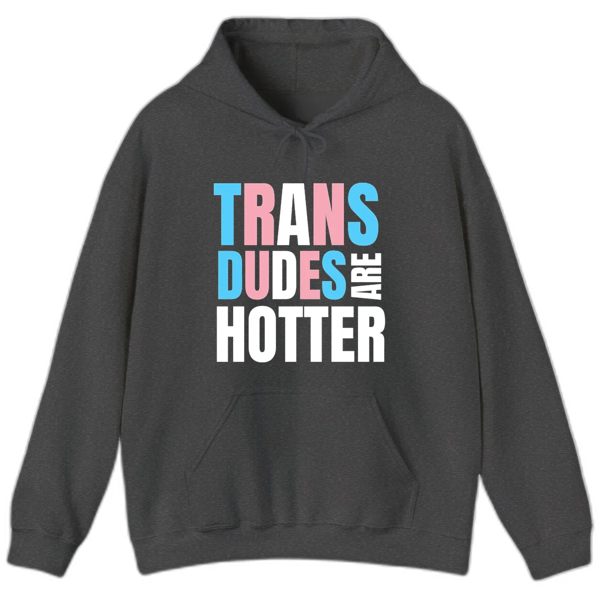 Bold typography design reading 'TRANS DUDES ARE HOTTER' in cyan, pink, and white letters on gray background in Dark Heather