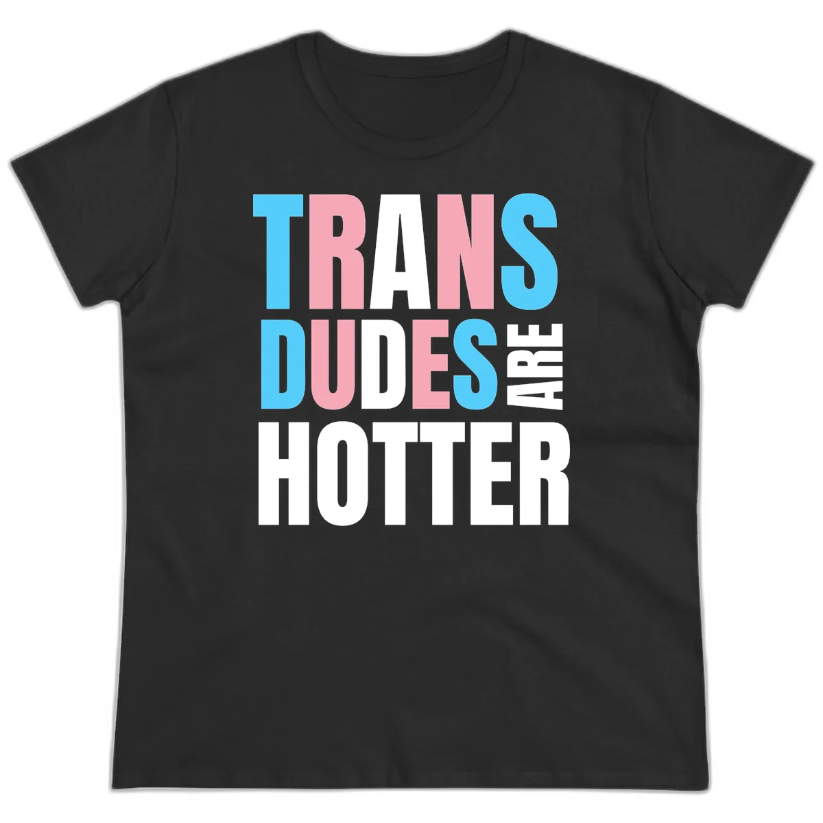 Bold typography design reading 'TRANS DUDES ARE HOTTER' in cyan, pink, and white letters on gray background in Black