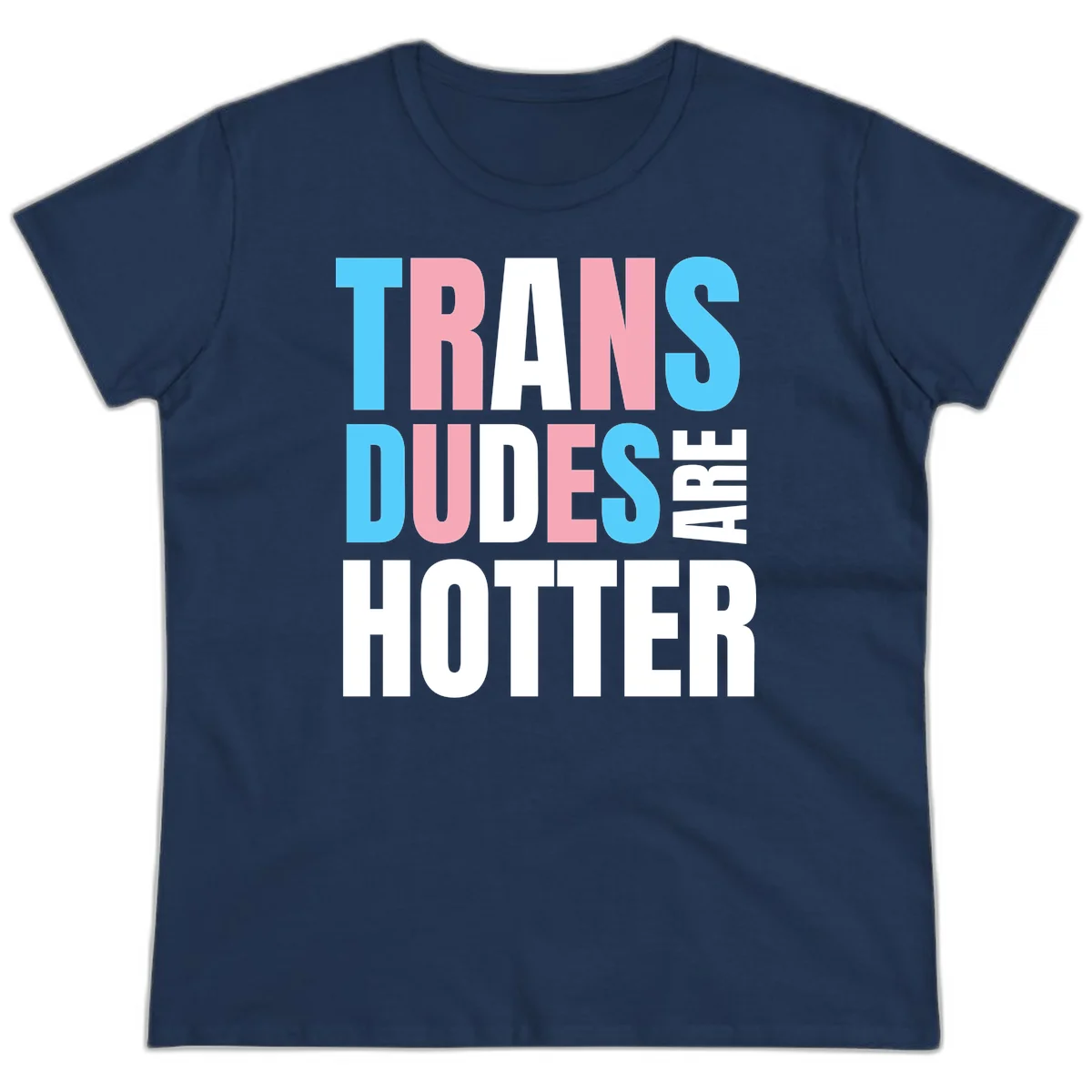Bold typography design reading 'TRANS DUDES ARE HOTTER' in cyan, pink, and white letters on gray background in Navy