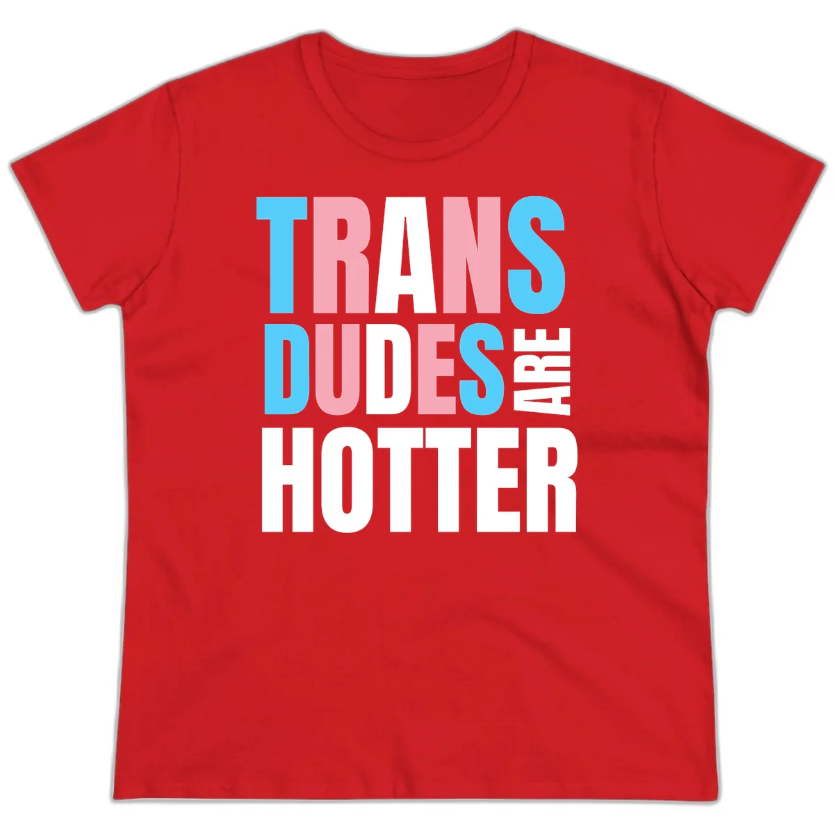 Bold typography design reading 'TRANS DUDES ARE HOTTER' in cyan, pink, and white letters on gray background in Red