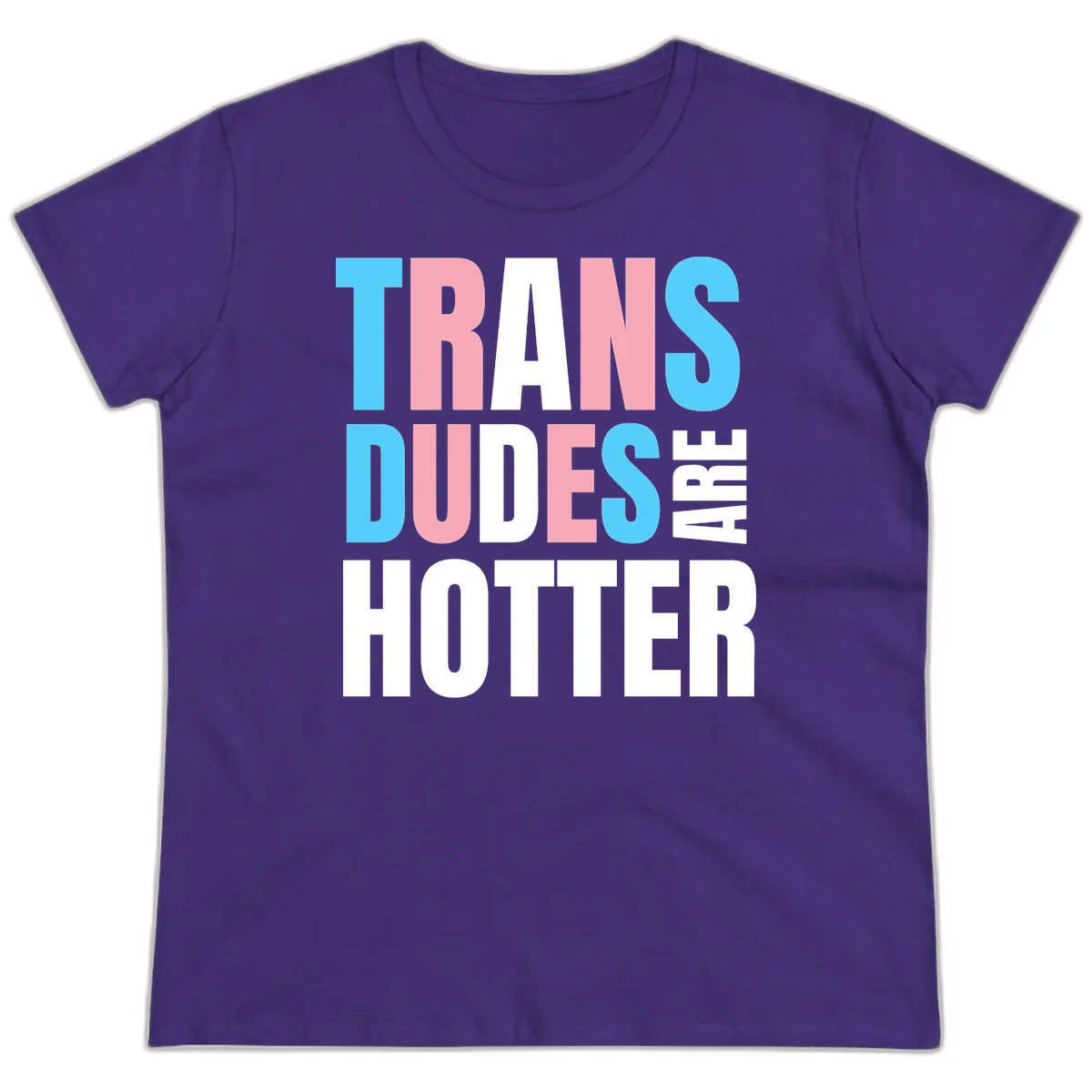 Bold typography design reading 'TRANS DUDES ARE HOTTER' in cyan, pink, and white letters on gray background in Purple