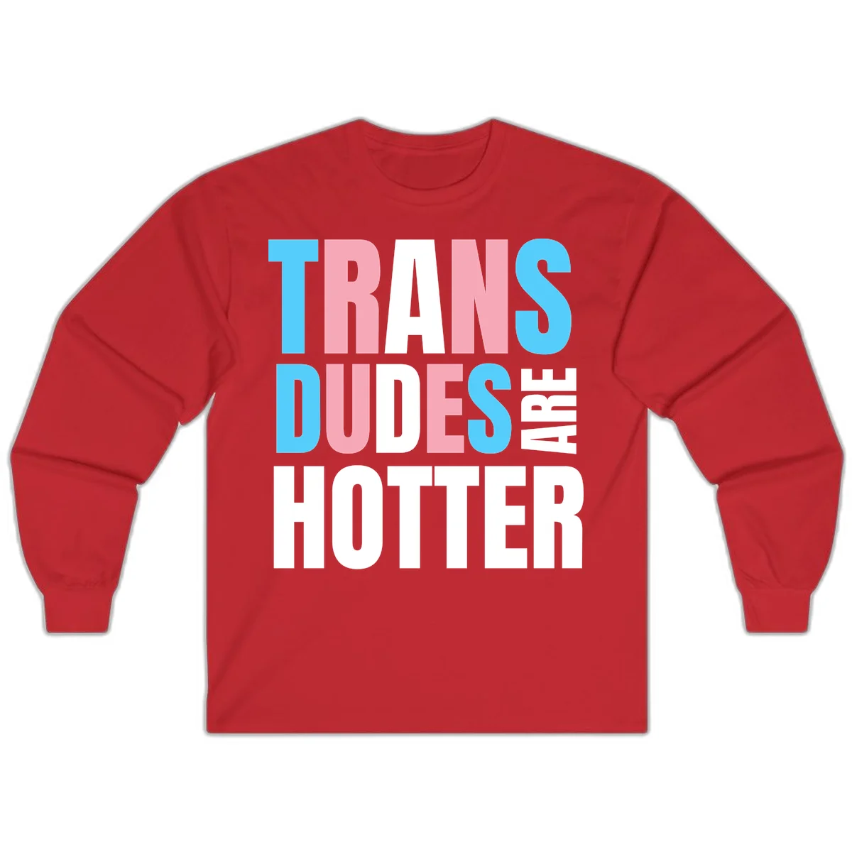 Bold typography design reading 'TRANS DUDES ARE HOTTER' in cyan, pink, and white letters on gray background in Red