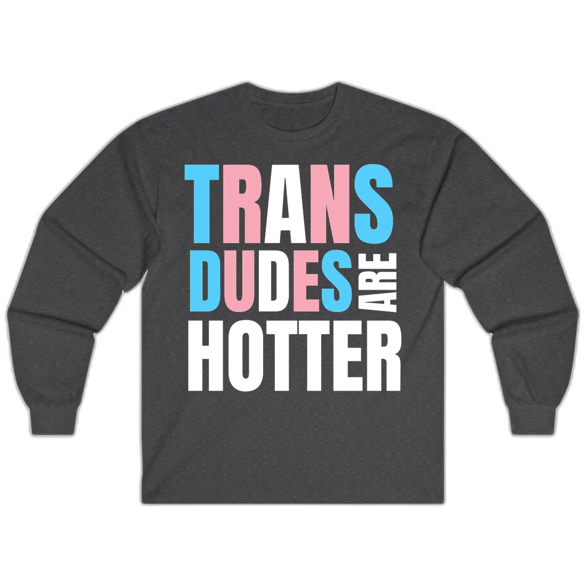 Bold typography design reading 'TRANS DUDES ARE HOTTER' in cyan, pink, and white letters on gray background in Dark Heather