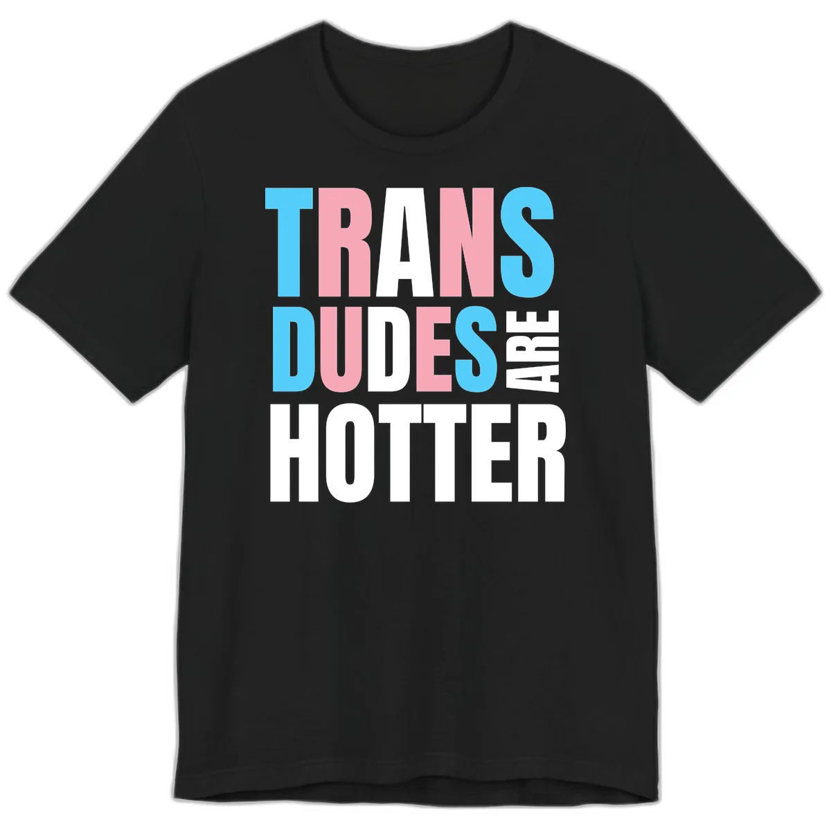 Bold typography design reading 'TRANS DUDES ARE HOTTER' in cyan, pink, and white letters on gray background in Black