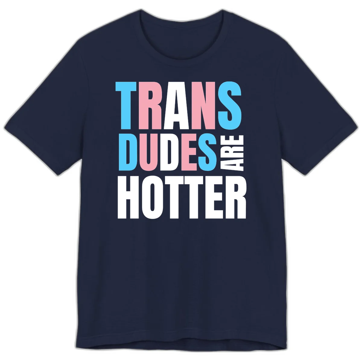 Bold typography design reading 'TRANS DUDES ARE HOTTER' in cyan, pink, and white letters on gray background in Navy