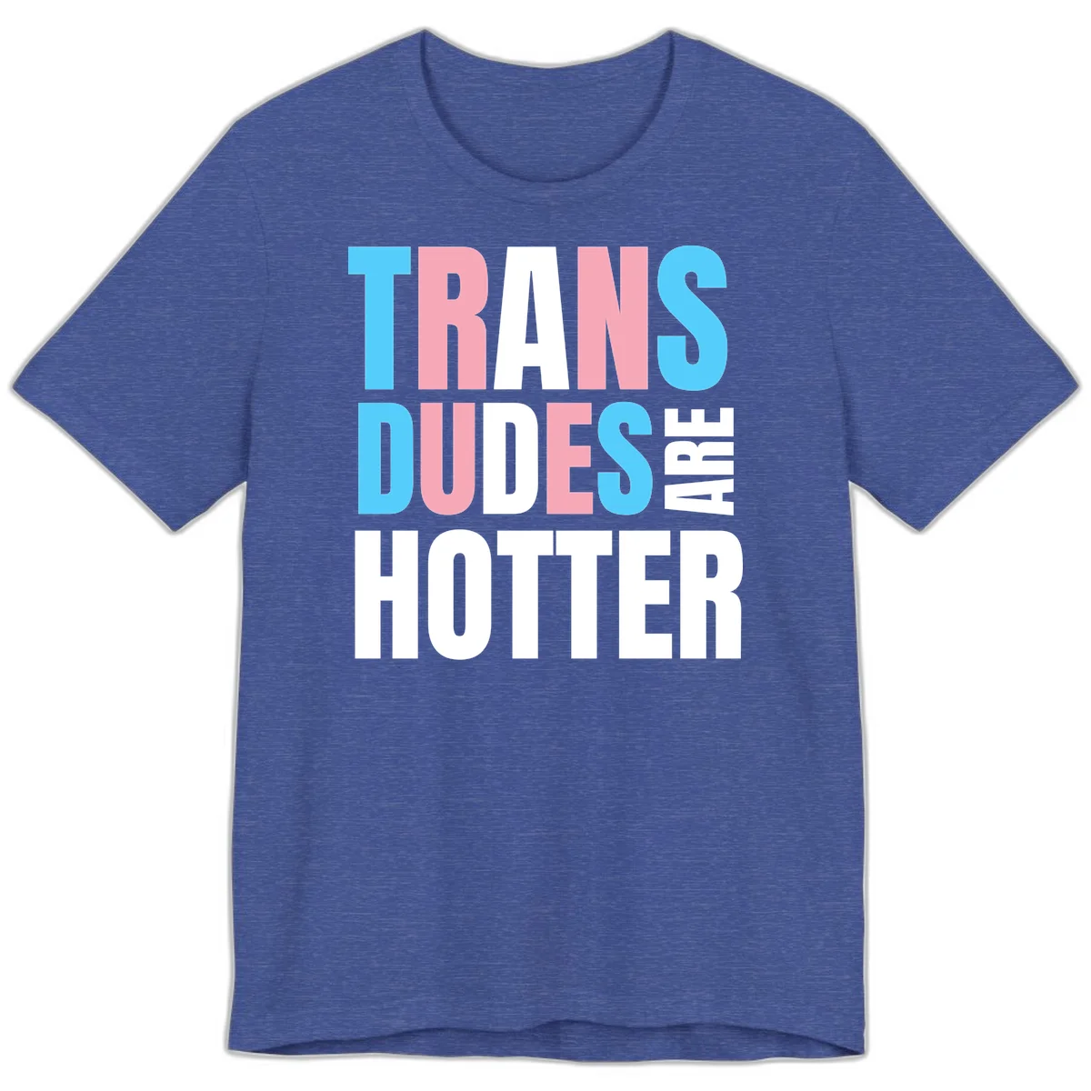 Bold typography design reading 'TRANS DUDES ARE HOTTER' in cyan, pink, and white letters on gray background in Heather True Royal