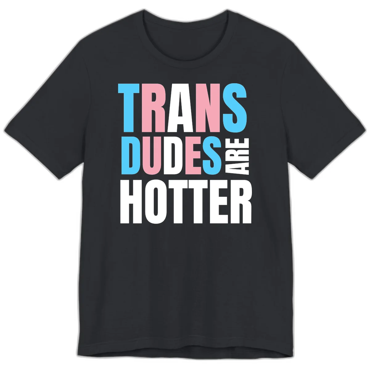 Bold typography design reading 'TRANS DUDES ARE HOTTER' in cyan, pink, and white letters on gray background in Vintage Black