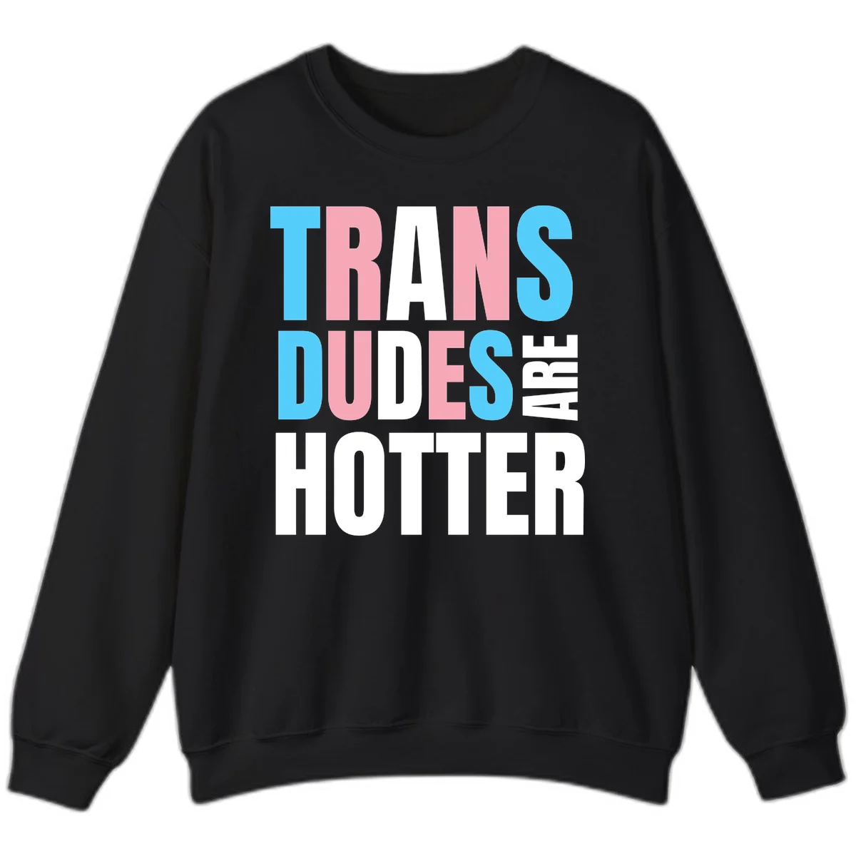 Bold typography design reading 'TRANS DUDES ARE HOTTER' in cyan, pink, and white letters on gray background in Black