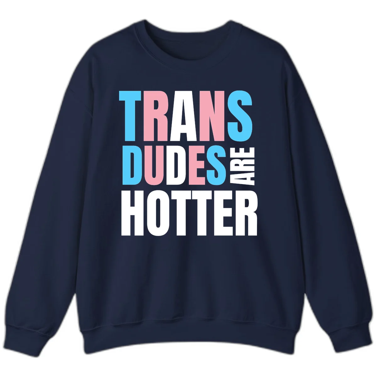 Bold typography design reading 'TRANS DUDES ARE HOTTER' in cyan, pink, and white letters on gray background in Navy