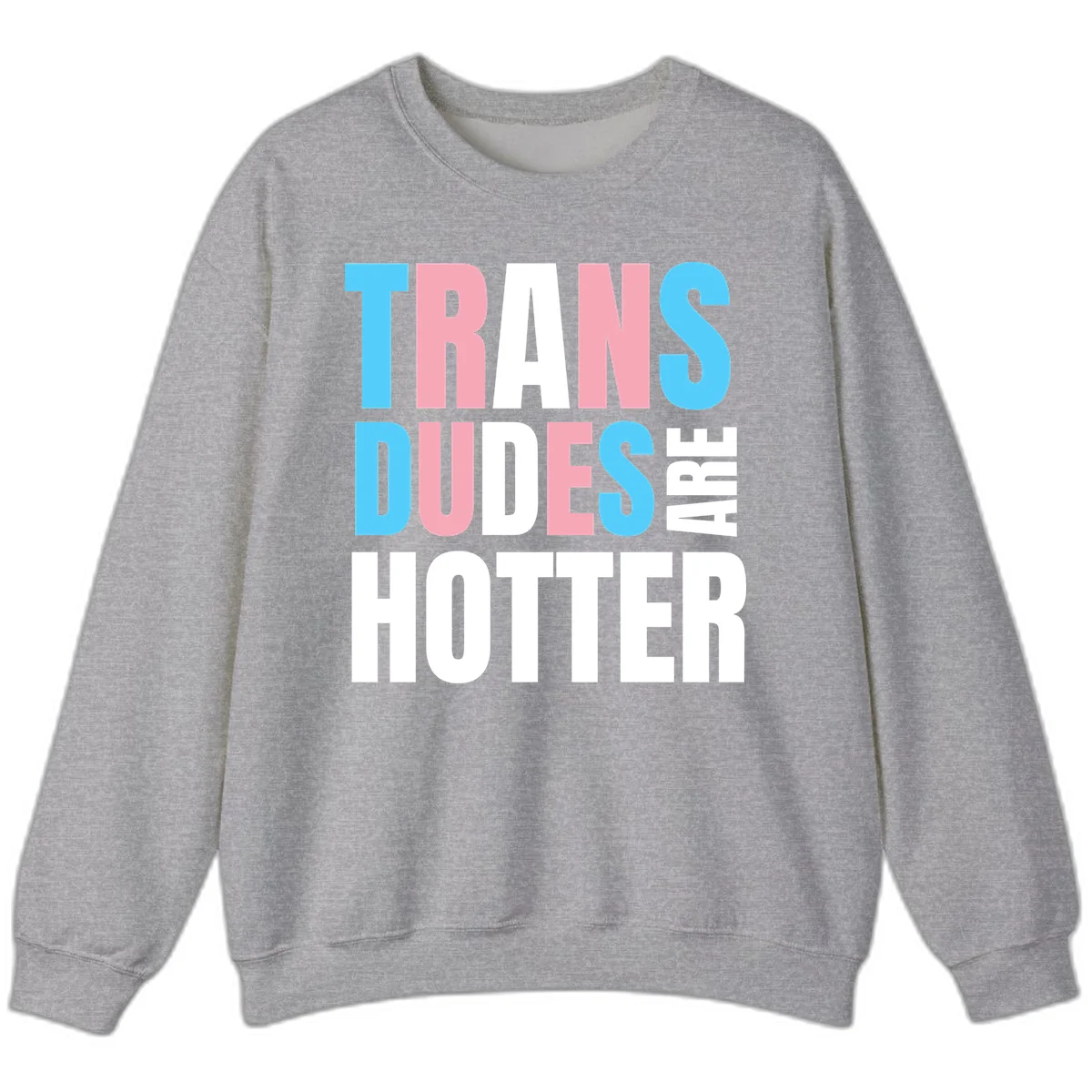 Bold typography design reading 'TRANS DUDES ARE HOTTER' in cyan, pink, and white letters on gray background in Sport Grey