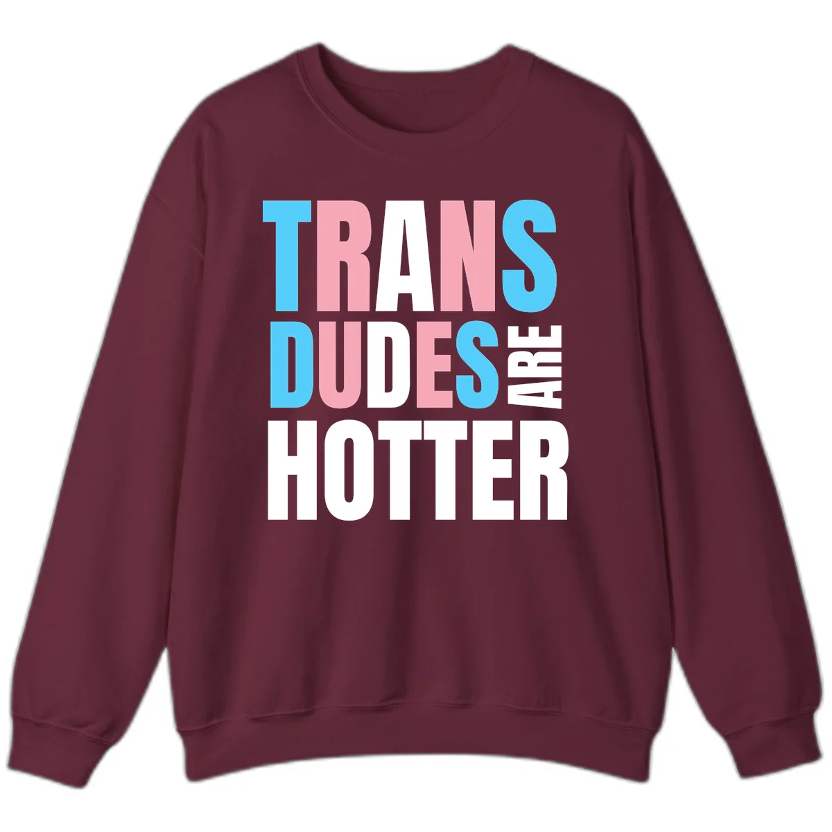 Bold typography design reading 'TRANS DUDES ARE HOTTER' in cyan, pink, and white letters on gray background in Maroon