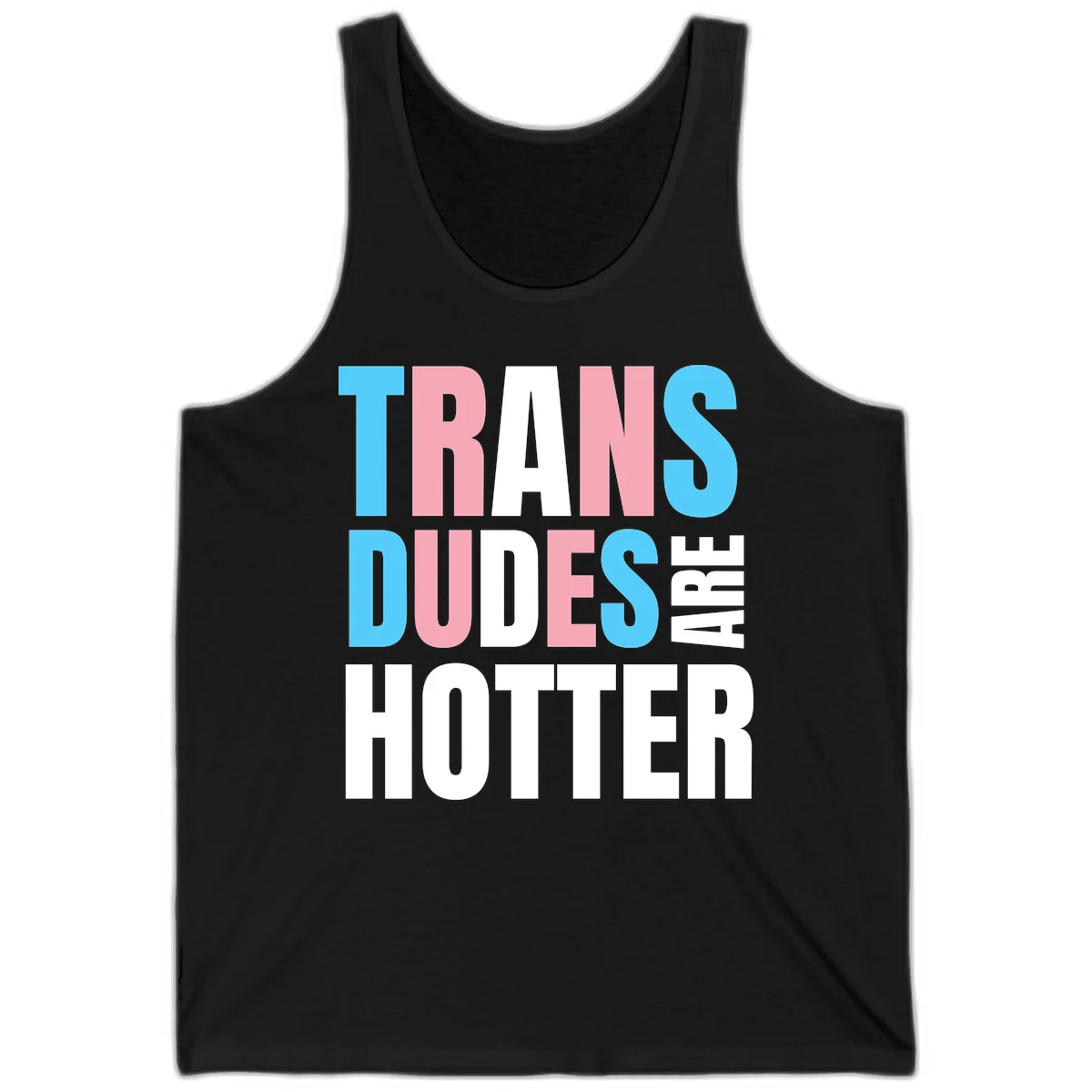 Bold typography design reading 'TRANS DUDES ARE HOTTER' in cyan, pink, and white letters on gray background in Black