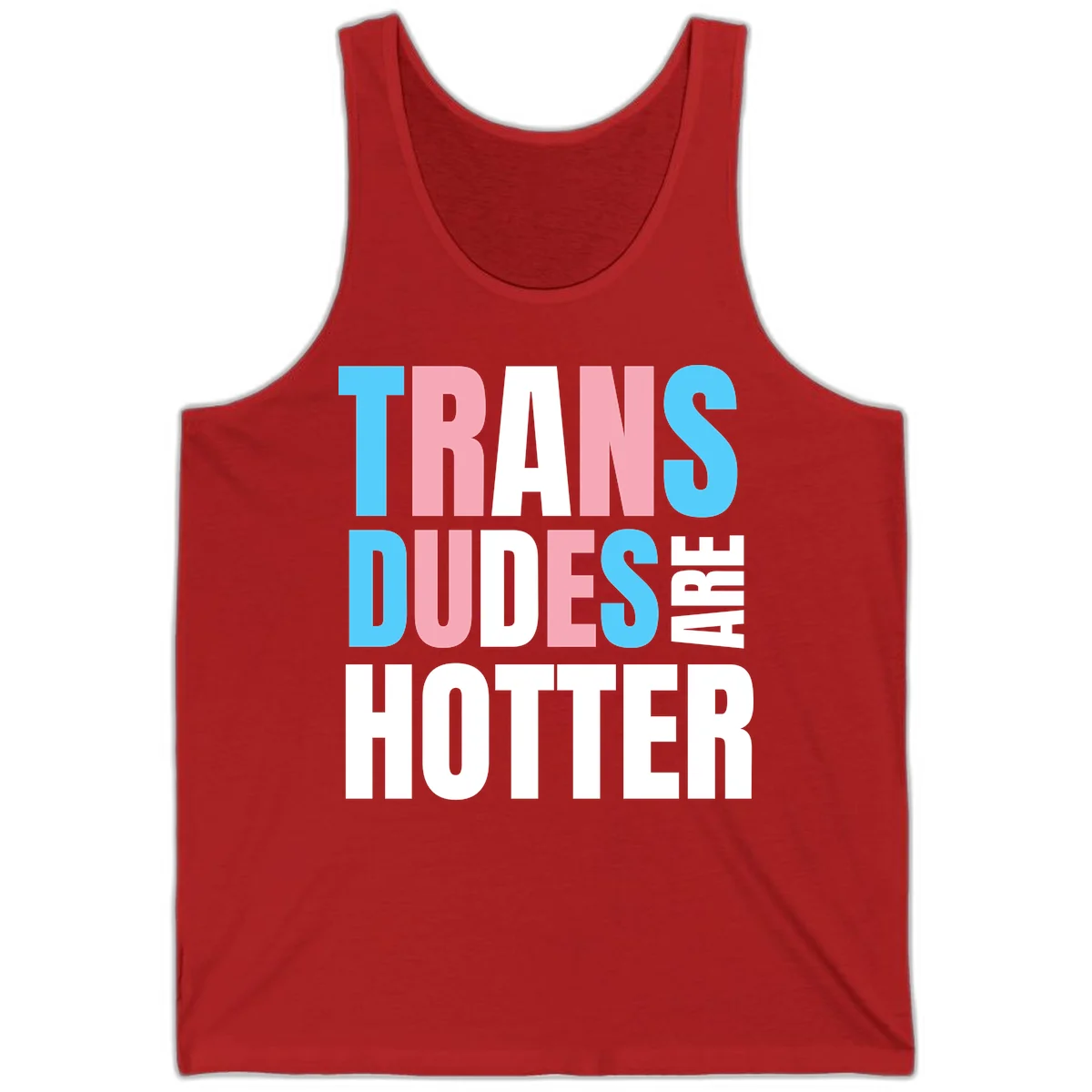 Bold typography design reading 'TRANS DUDES ARE HOTTER' in cyan, pink, and white letters on gray background in Red