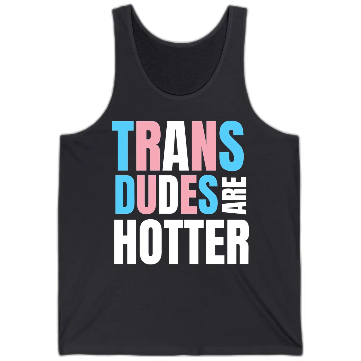 Bold typography design reading 'TRANS DUDES ARE HOTTER' in cyan, pink, and white letters on gray background in Dark Grey