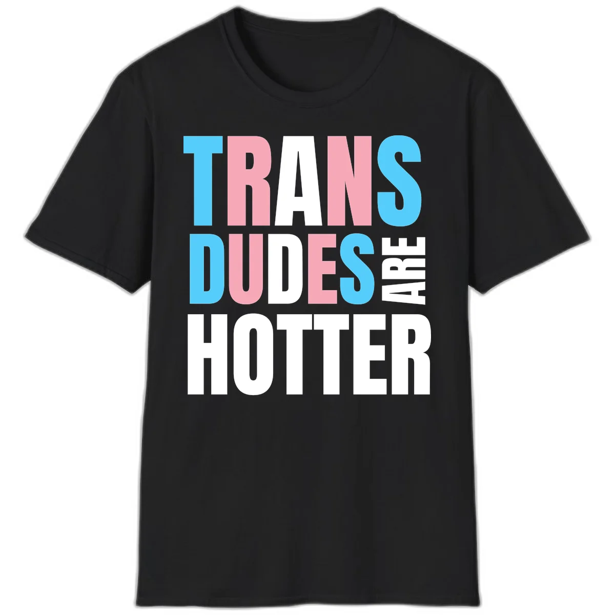 Bold typography design reading 'TRANS DUDES ARE HOTTER' in cyan, pink, and white letters on gray background in Black